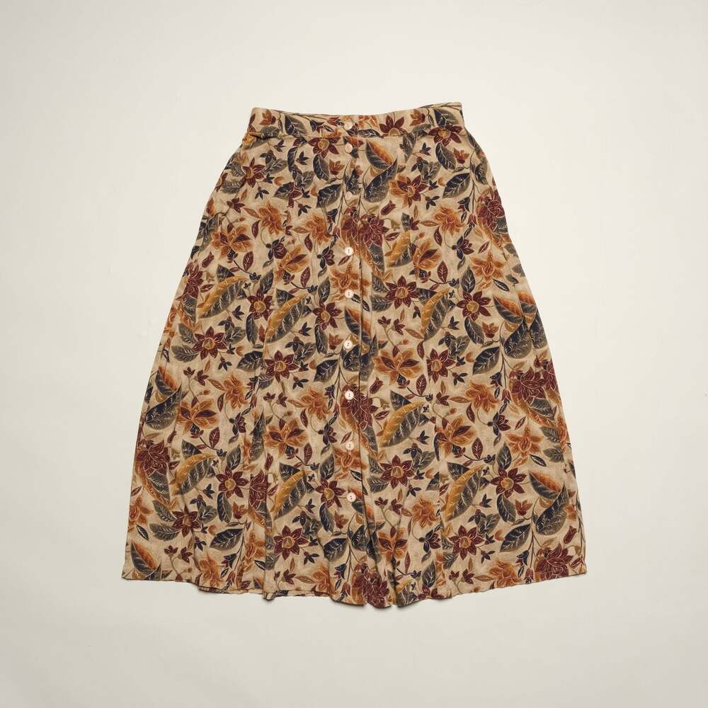 Vintage Floral Print Rayon Midi Skirt with Button Front Size M